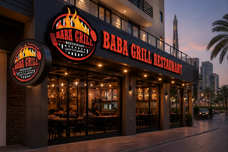 Baba Grill Restaurant illuminated storefront sign