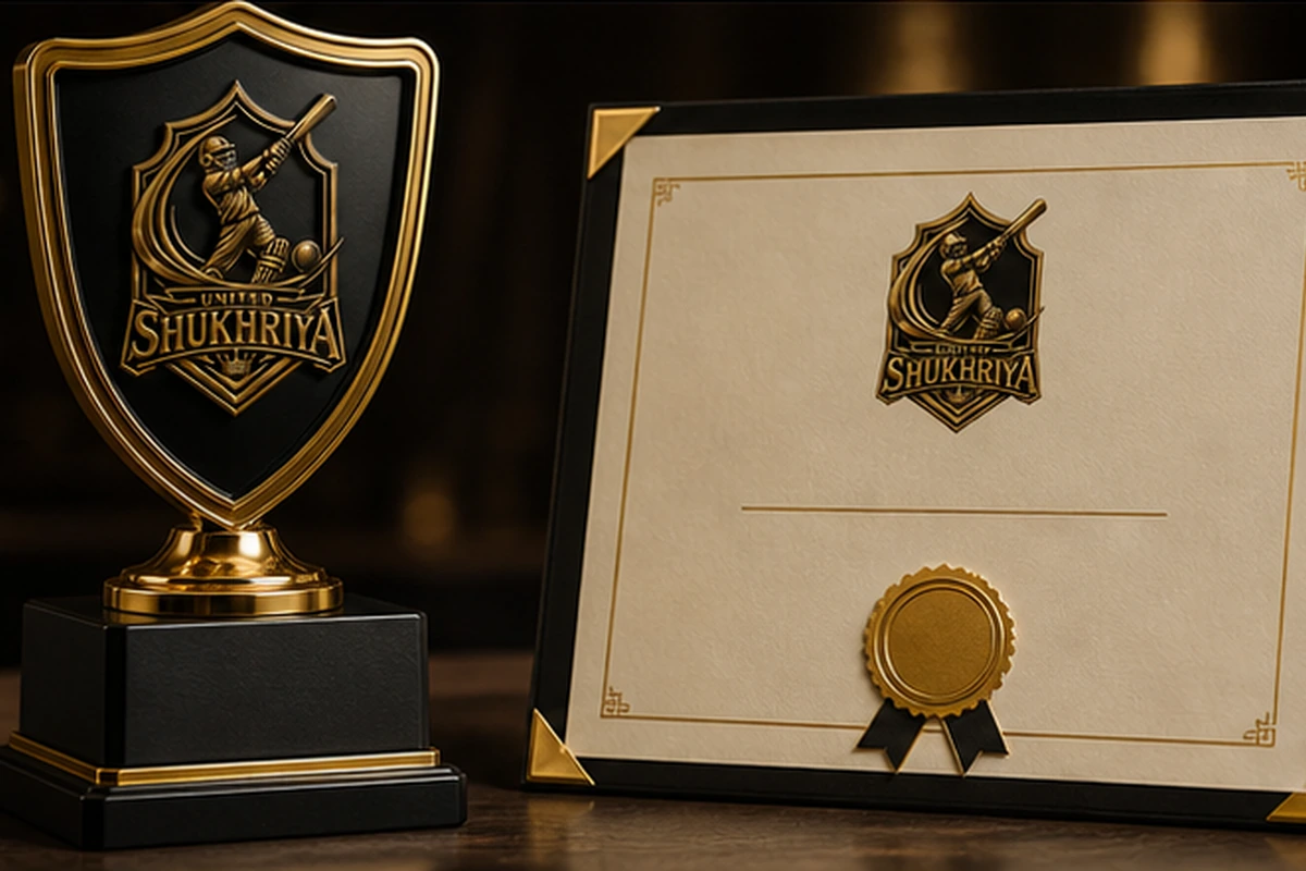 United Shukhriya trophy and certificate supplied by the client